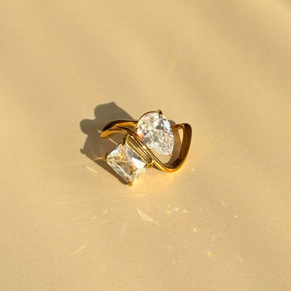 Trendy 18k PVD Gold Plated Stainless Steel Minimalist Clear Drop Square Zircon Ring